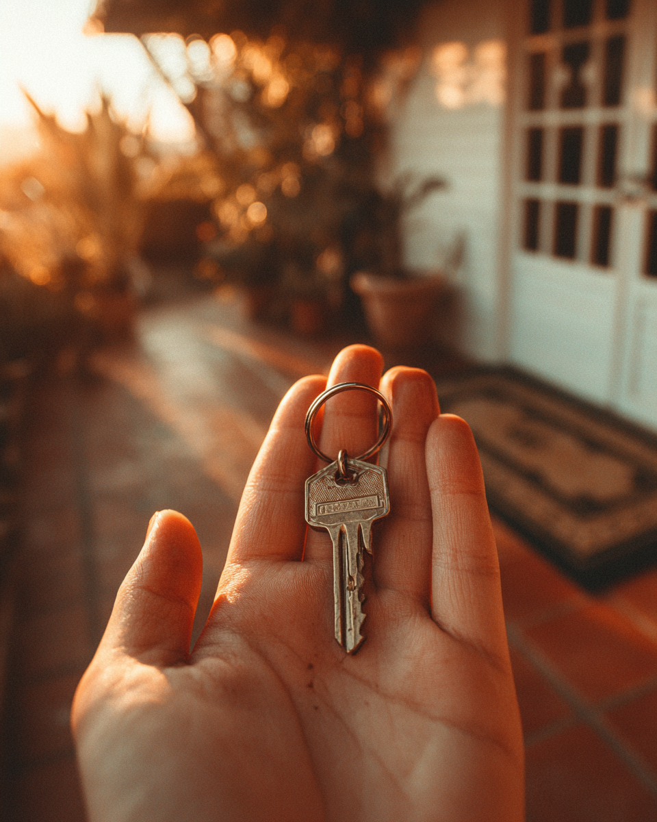 Warm afternoon light on a brass house key held in hand